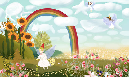 Elf Gardener and Flower Wall Mural Wallpaper for Nursery Room