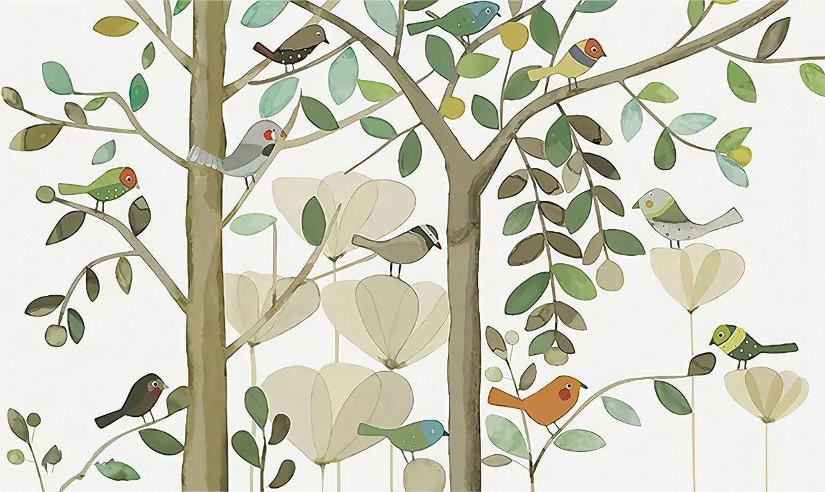 Whimsical Bird Tree Nature Mural Wallpaper