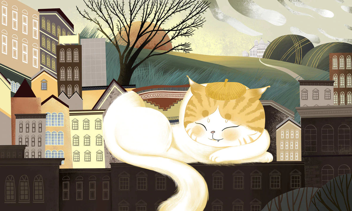 Whimsical Cat Town Illustration Mural Wallpaper