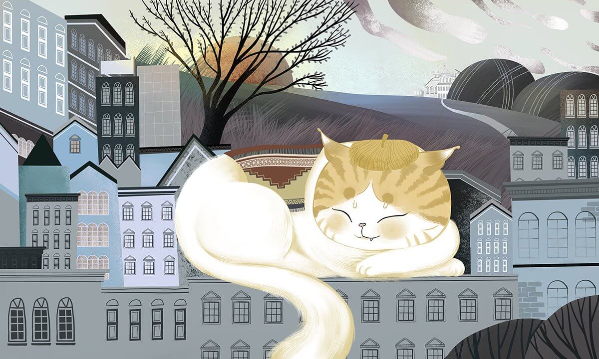 Whimsical Cat Cityscape Illustrated Mural Wallpaper