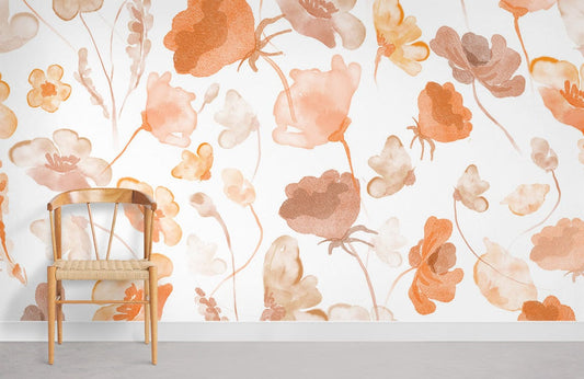 Mural room wallpaper in orange with watercolour floral designs.