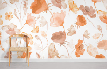 Elegant Orange Watercolor Floral Mural Wallpaper