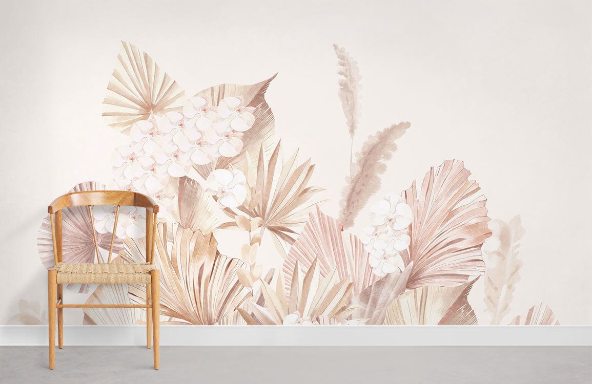 a pink wallpaper mural with a variety of watercolors leaves