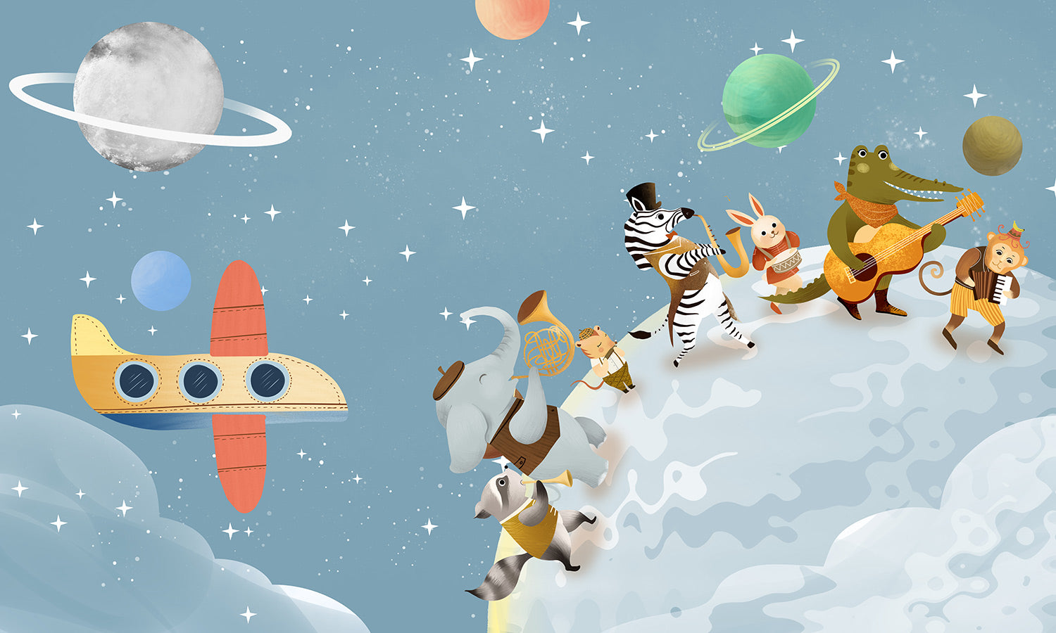 Wallpaper mural with animals roaming the universe, applied in the nursery.