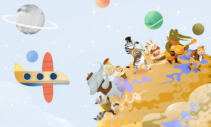 Wallpaper mural with animals roaming the universe, applied in the nursery.