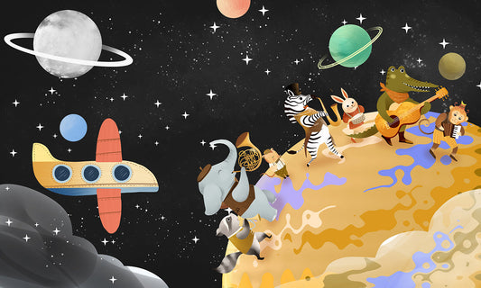 Wallpaper mural with animals roaming the universe, applied in the nursery.