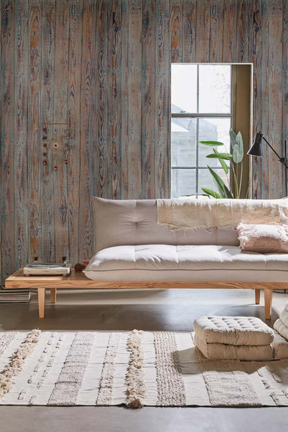 A corridor with a gray old wood look might benefit from unique wood effect wall murals.
