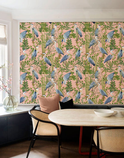 Tropical Heron Pink Botanical Mural Wallpaper in dining room