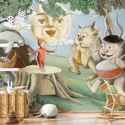 Whimsical Forest Creature Kids Mural Wallpaper in child's room