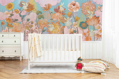 Whimsical Pastel Floral Mural Wallpaper in nursery