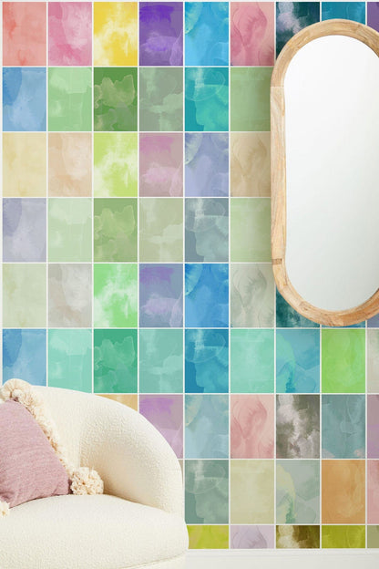 Colorful Watercolor Mosaic Mural Wallpaper in living room