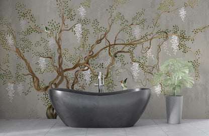 Whimsical Tree Branches Nature Mural Wallpaper in bathroom