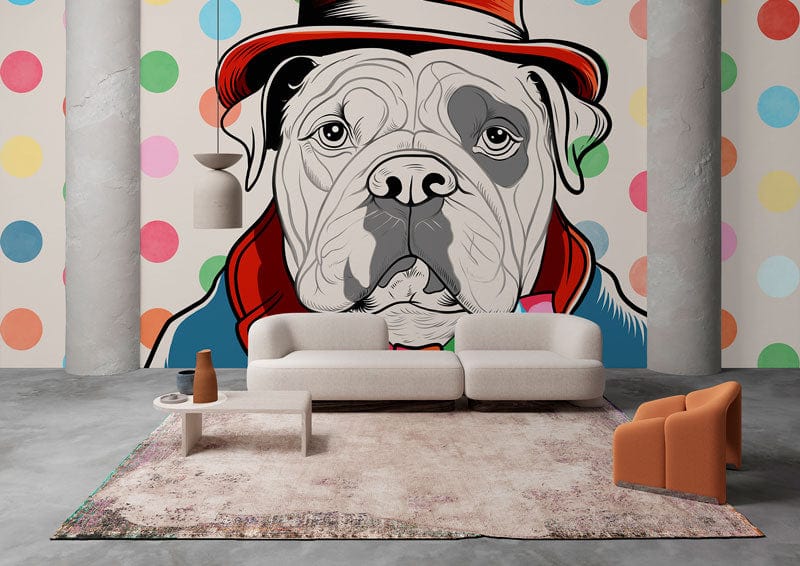 Colorful Bulldog Polka Dot Mural Wallpaper