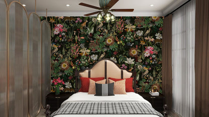 Exotic Jungle Animal Floral Mural Wallpaper in bedroom