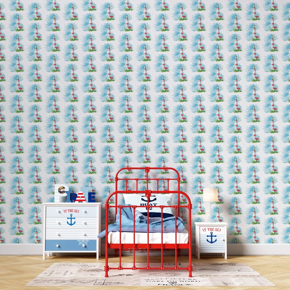 wallpaper with patterns of blue beacons for a boy's room