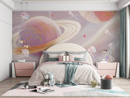 Whimsical Planetary Jellyfish Mural Wallpaper in Bedroom