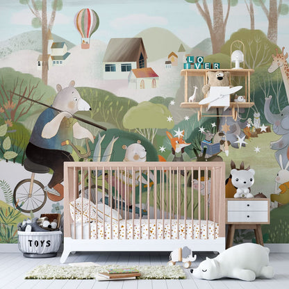 Colorful Whimsical Animal Mural Wallpaper in nursery