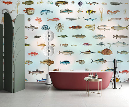 Colorful Marine Life Illustration Mural Wallpaper in bathroom