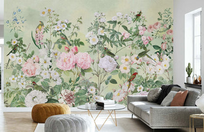 Vintage Botanical Garden Bird Wallpaper Mural in living room