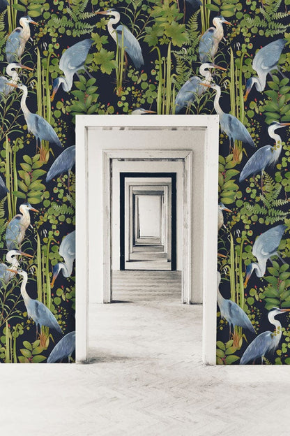 Tropical Heron Botanical Mural Wallpaper