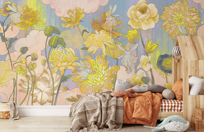 Sunny Watercolor Floral Mural Wallpaper in bedroom