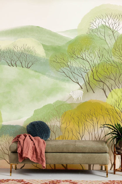 Pastoral Landscape Watercolor Mural Wallpaper in living room