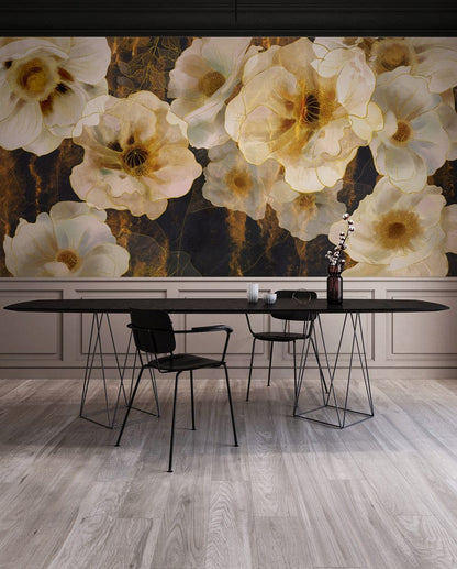 Gold Floral Elegance Luxe Mural Wallpaper in dining room