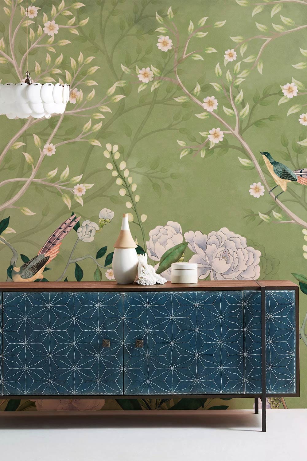 little white flowers and large blossoms with birds in the hallway wall paintings
