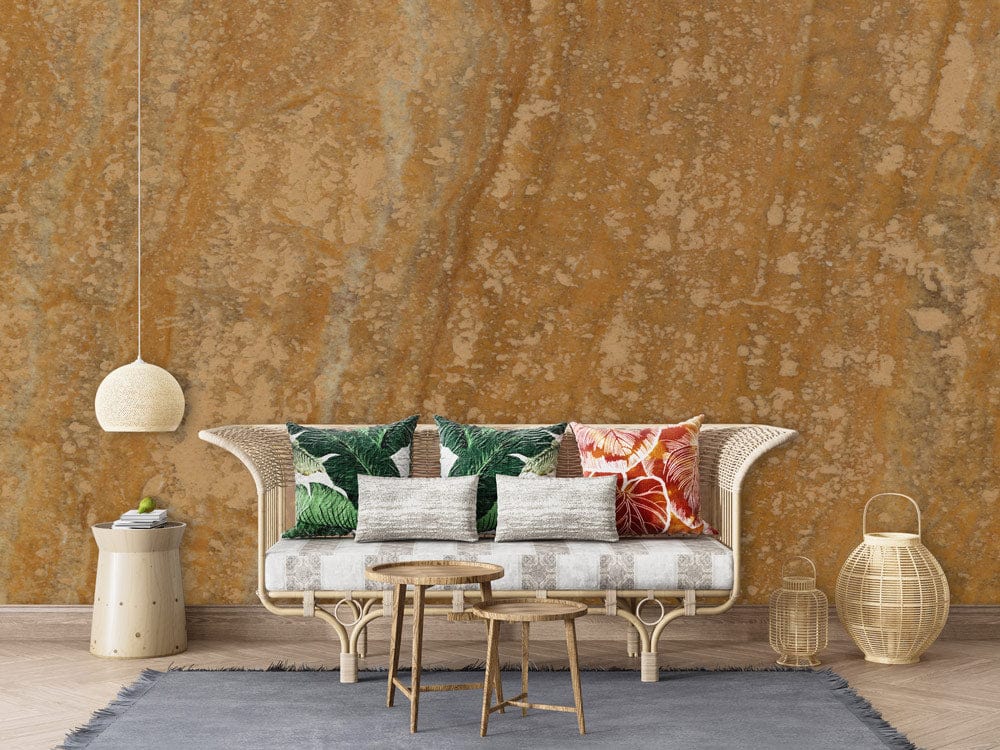 For the living area, a yellow dot stone pattern was created as an unique stone wallpaper mural.