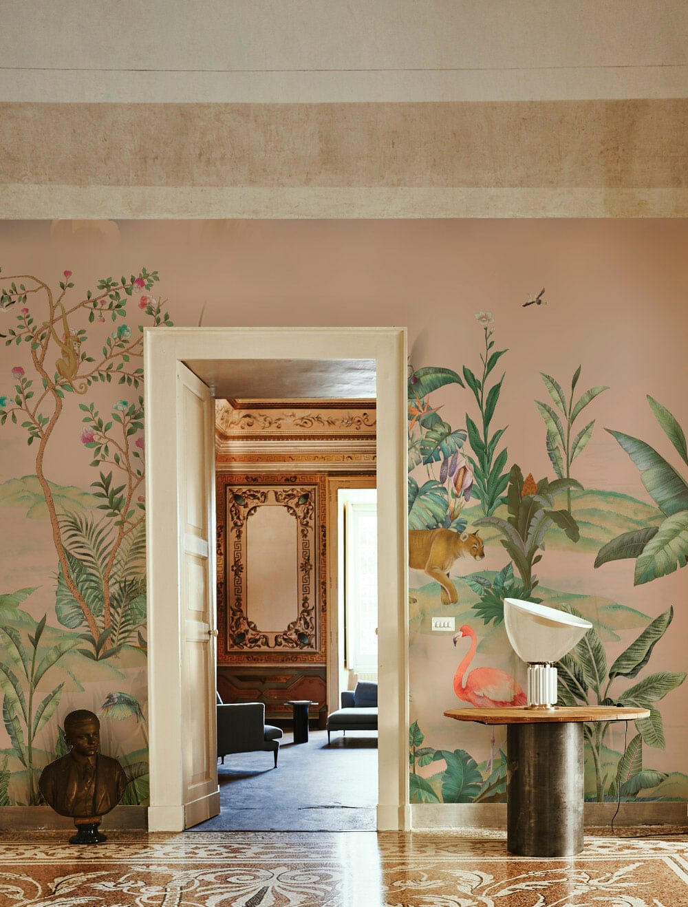 hallway wall murals with tiger and cranes strolling through pink forest