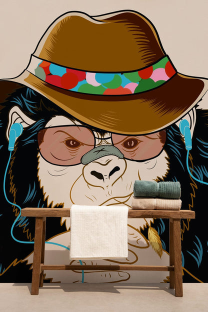 Funky Monkey Musical Illustration Mural Wallpaper in bathroom