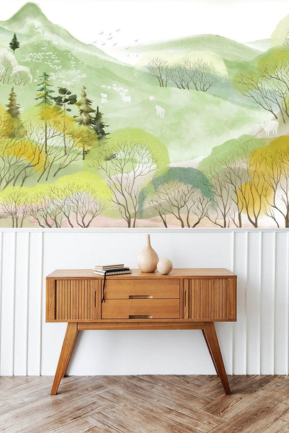 Pastoral Landscape Watercolor Mural Wallpaper in living room