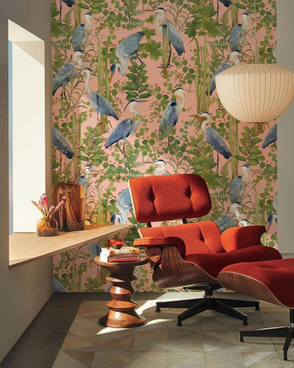 Tropical Heron Pink Botanical Mural Wallpaper in living room