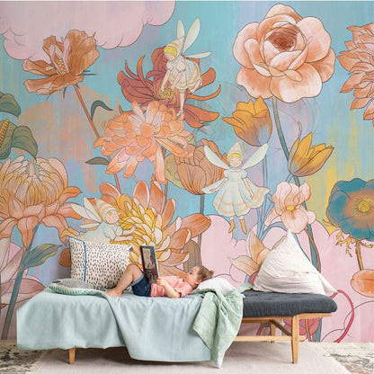 Whimsical Pastel Floral Mural Wallpaper in bedroom