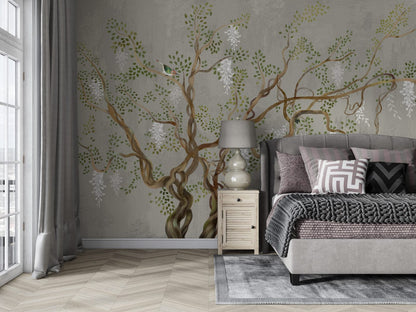 Whimsical Tree Branches Nature Mural Wallpaper in bedroom