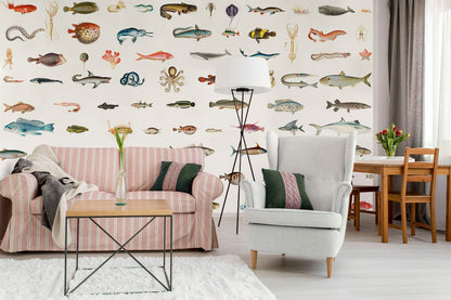 Colorful Marine Life Illustration Mural Wallpaper in living room