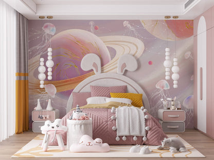 Whimsical Planetary Jellyfish Mural Wallpaper in bedroom