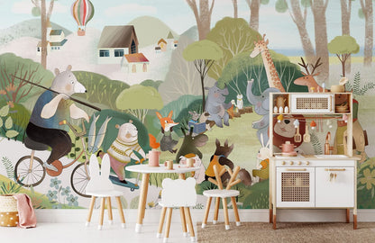 Colorful Whimsical Animal Mural Wallpaper in playroom