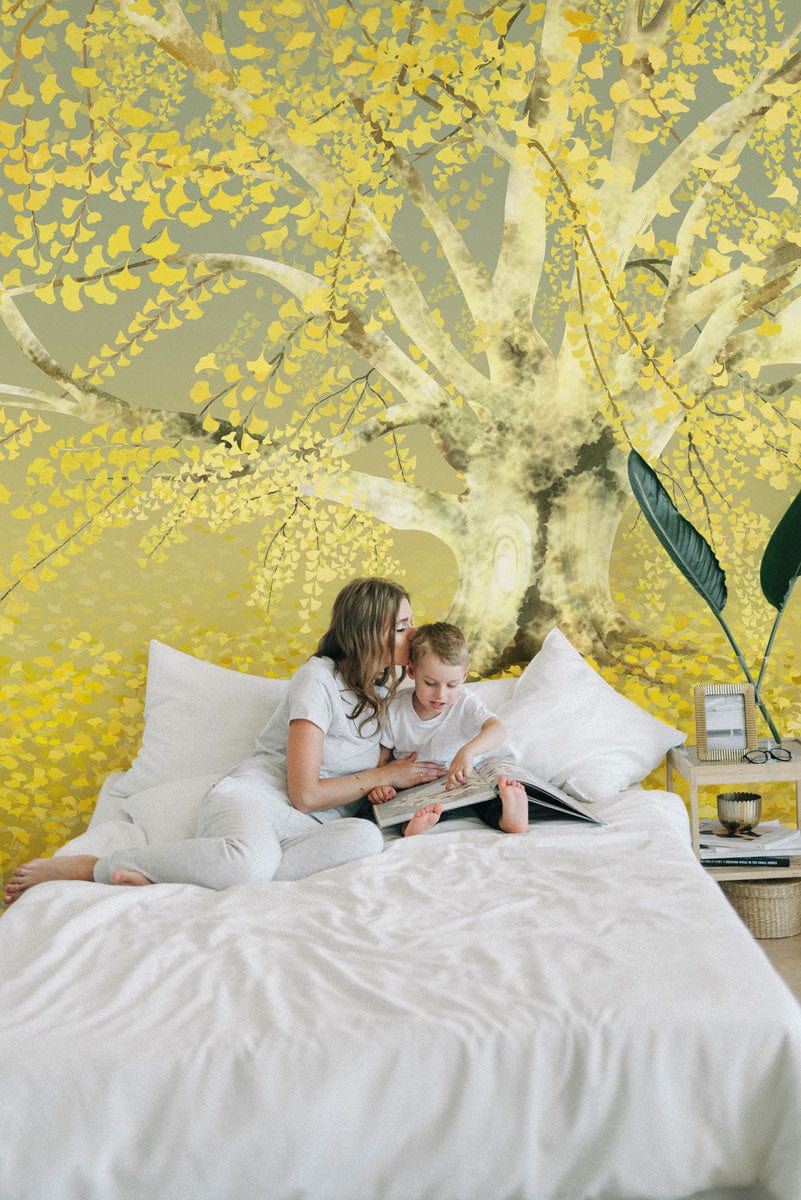 Golden Autumn Tree Nature Mural Wallpaper in bedroom