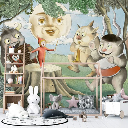 Whimsical Forest Creature Kids Mural Wallpaper in children's room