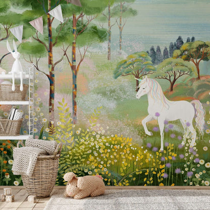 Enchanted Forest Unicorn Wall Mural in playroom