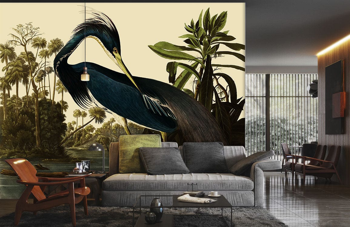 A mural of a heron in the jungle on wallpaper to decorate your living room