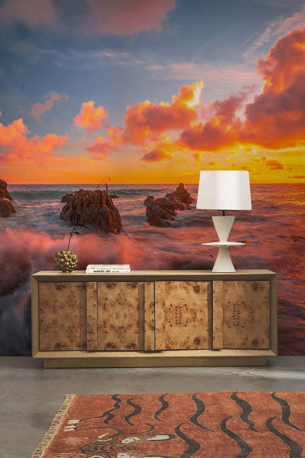 turbulant ocean and dreamy orange sunset wallpaper decoration