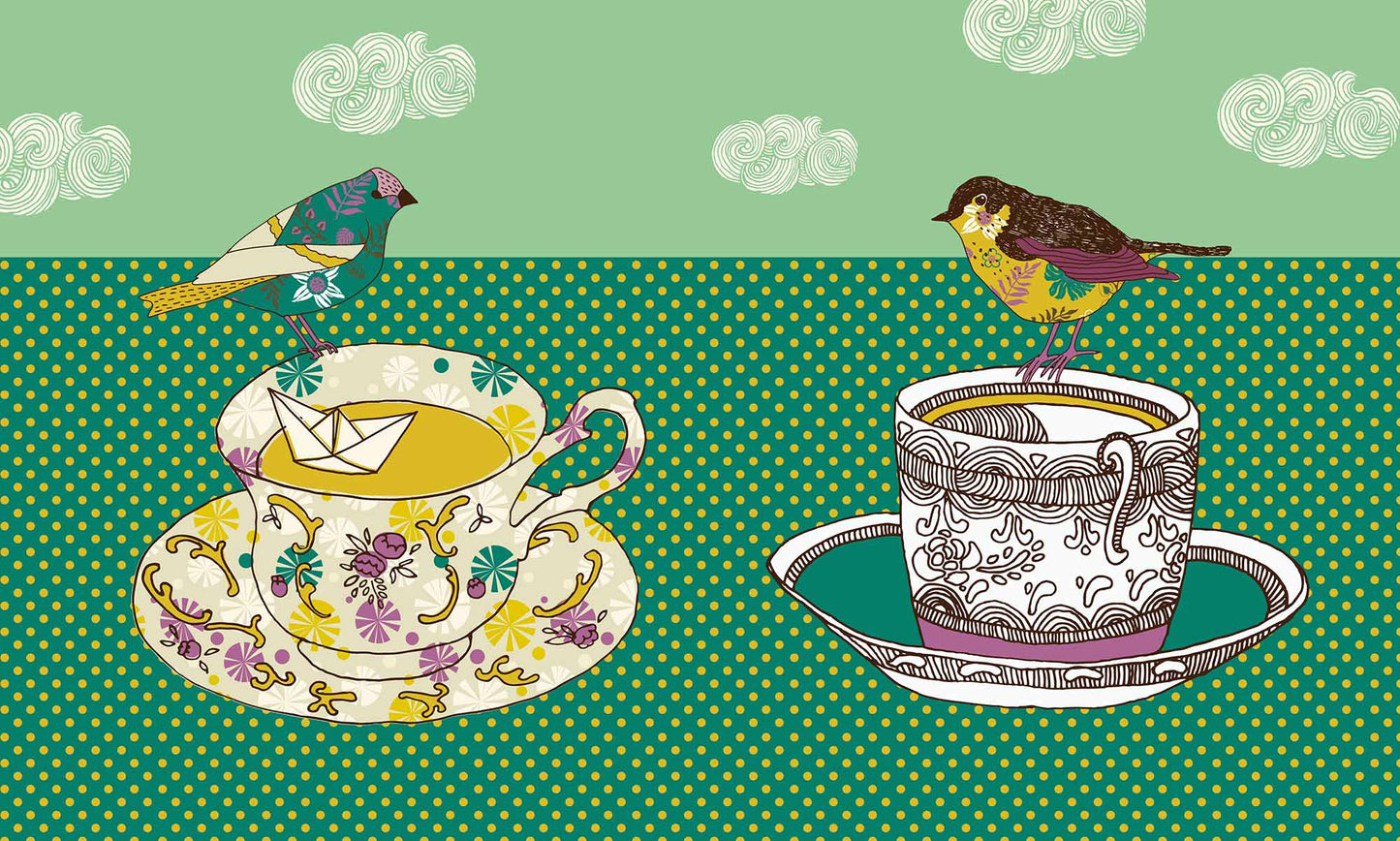 Wallpaper mural with Teapots and Birds for Home Decoration