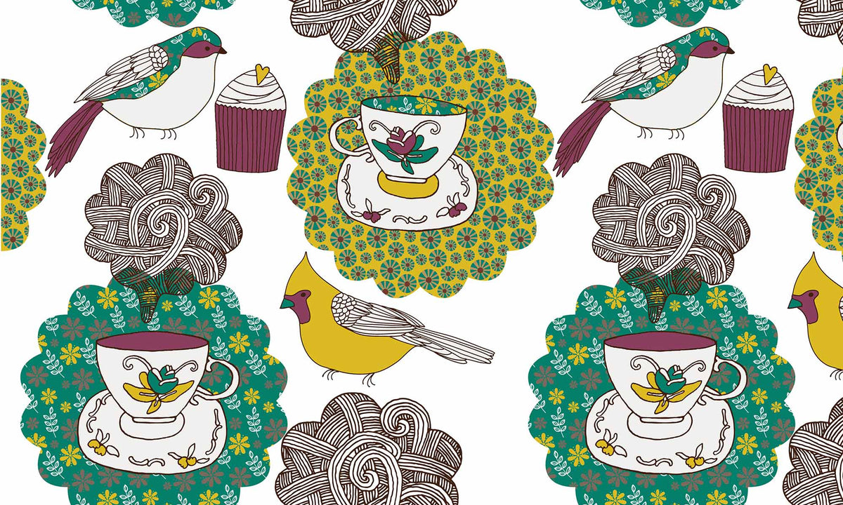 Whimsical Bird Tea Party Mural Wallpaper