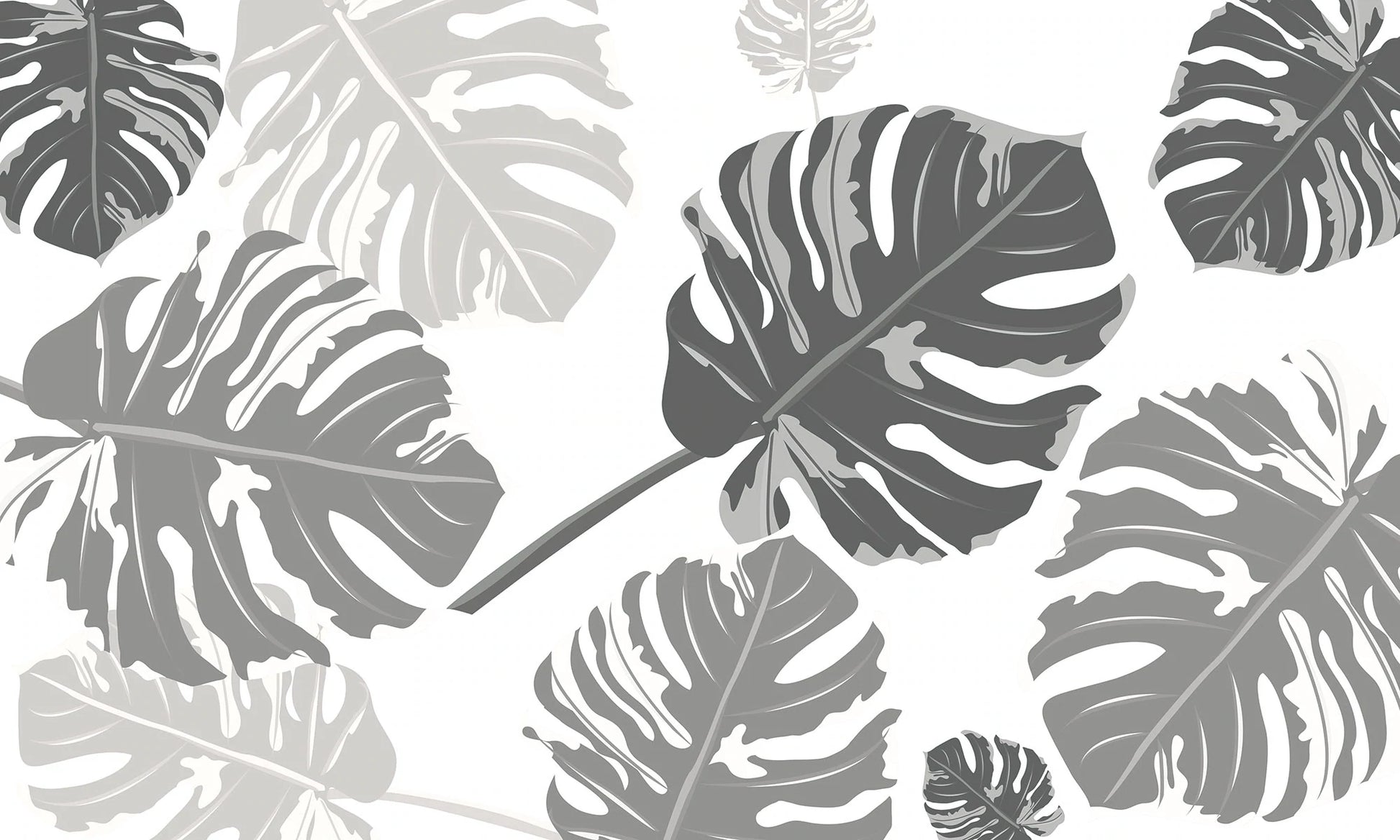 Wallpaper with a pattern of large grey leaves for use in interior decoration