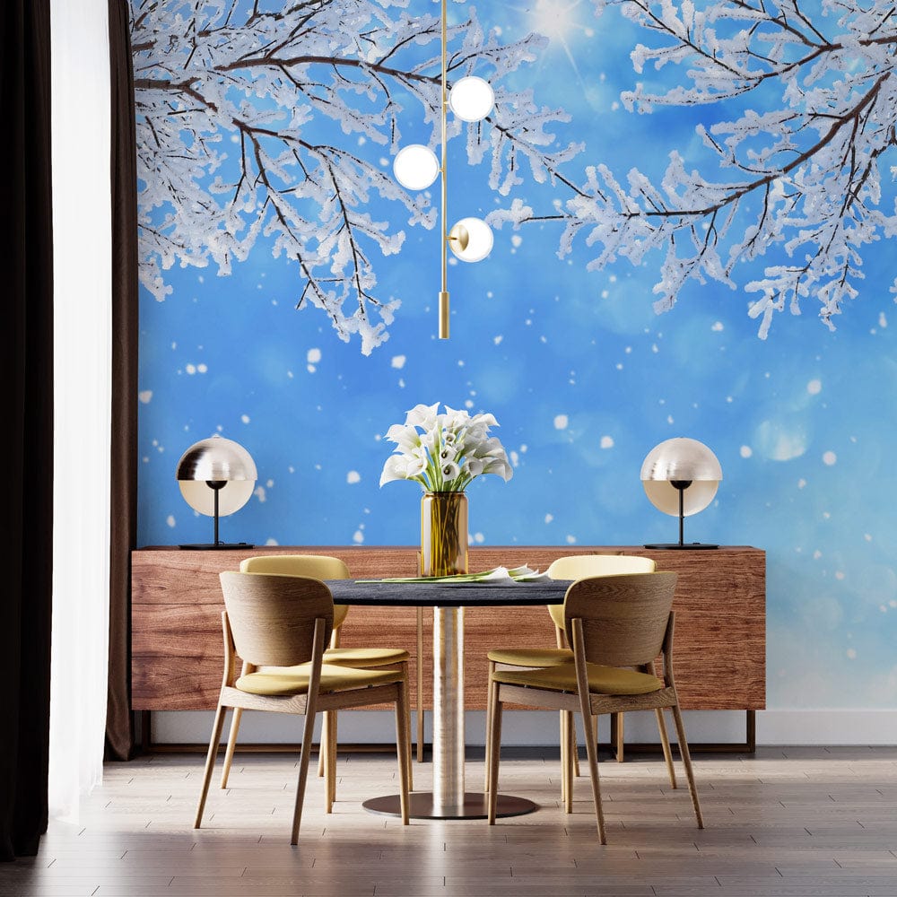 snowy branches and blue sky custom wallpaper for dining room