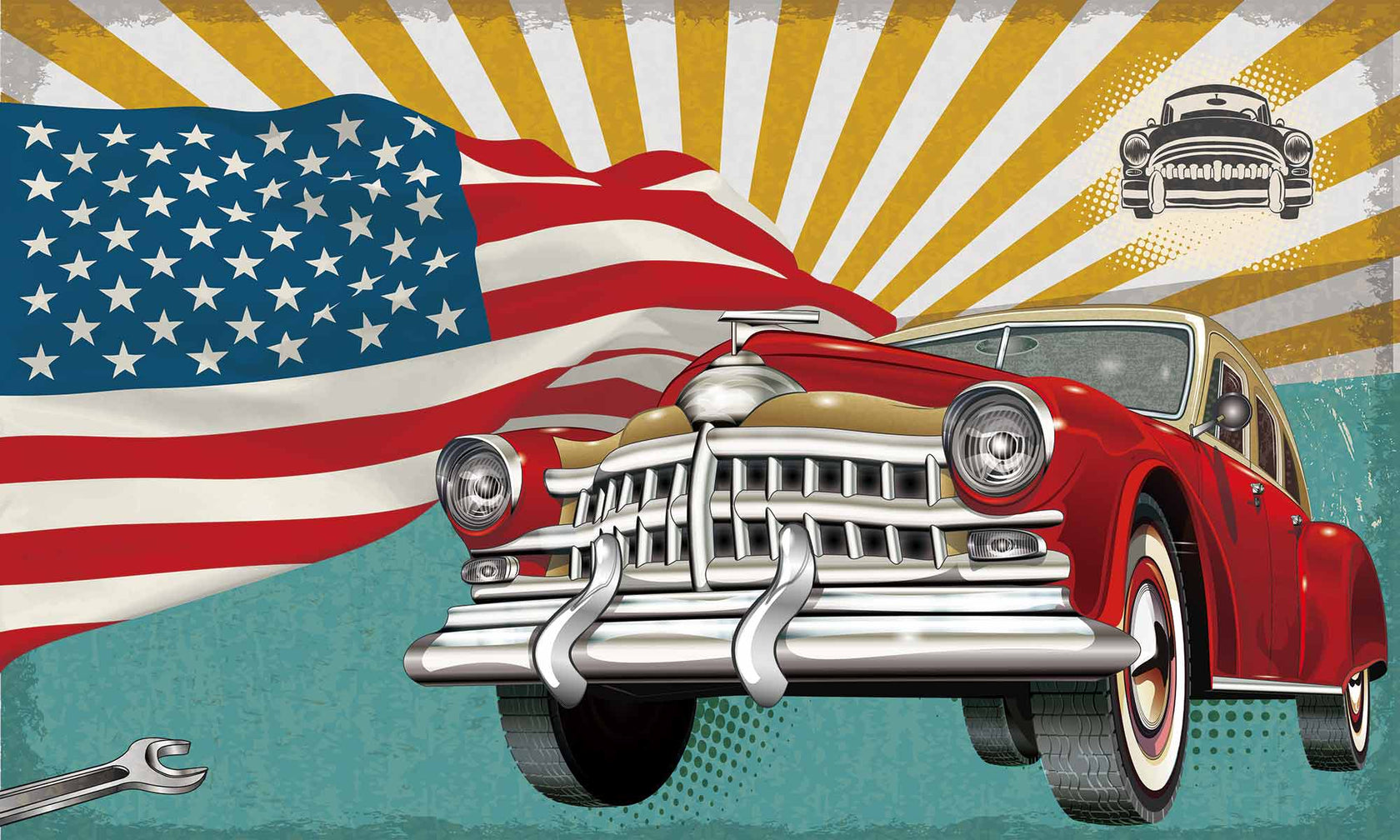 Vintage Car Mural Wallpaper | 3D Red Classic Auto Brick Design main image 0