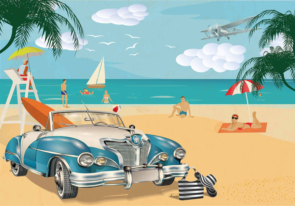 Vintage Beach Scene Illustration Mural Wallpaper