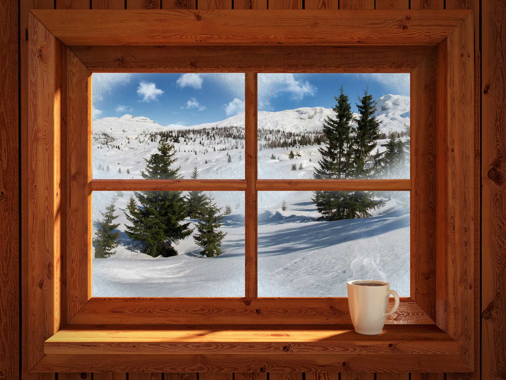 home decoration wallpaper mural with snowy mountains seen from a window.